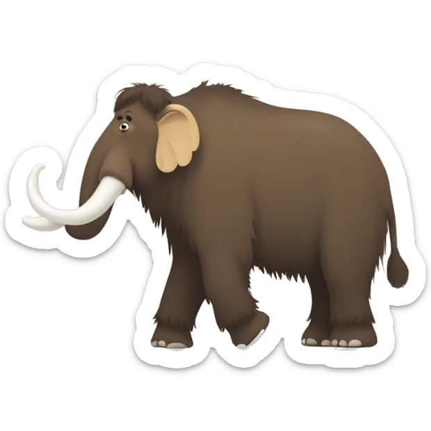 A side view full body shot of a brownish woolly mammoth with 2 tusks, 2 ears, 4 legs, 1 trunk, and 1 tail. 2D animation style, flat shapes, vector illustration. sticker