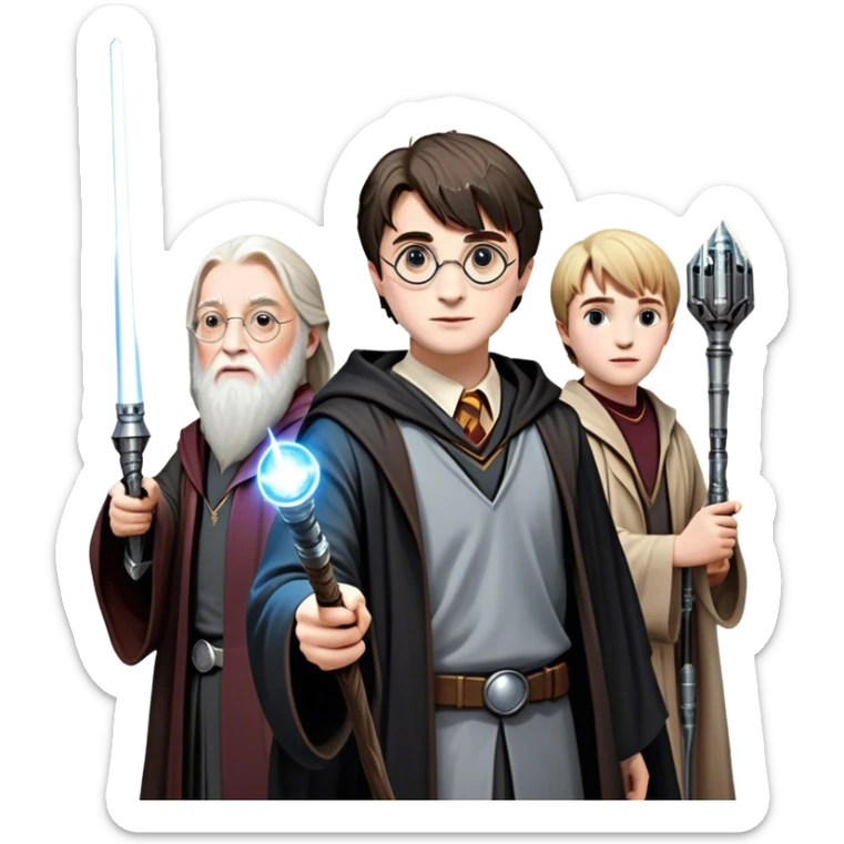 Icon for Fantasy and Sci-Fi Movies: Collage featuring Harry Potter with his wand, Dumbledore, Luke Skywalker with a lightsaber, and futuristic robots. Background with a magical planet, Hogwarts, flying owls, and spaceships. Epic and magical atmosphere. Transparent background. sticker