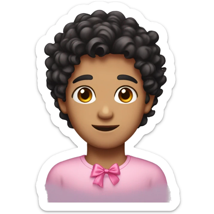 emoji of a boy with black curly hair and brown eyes with a pink bow emoji on the top right of his head sticker