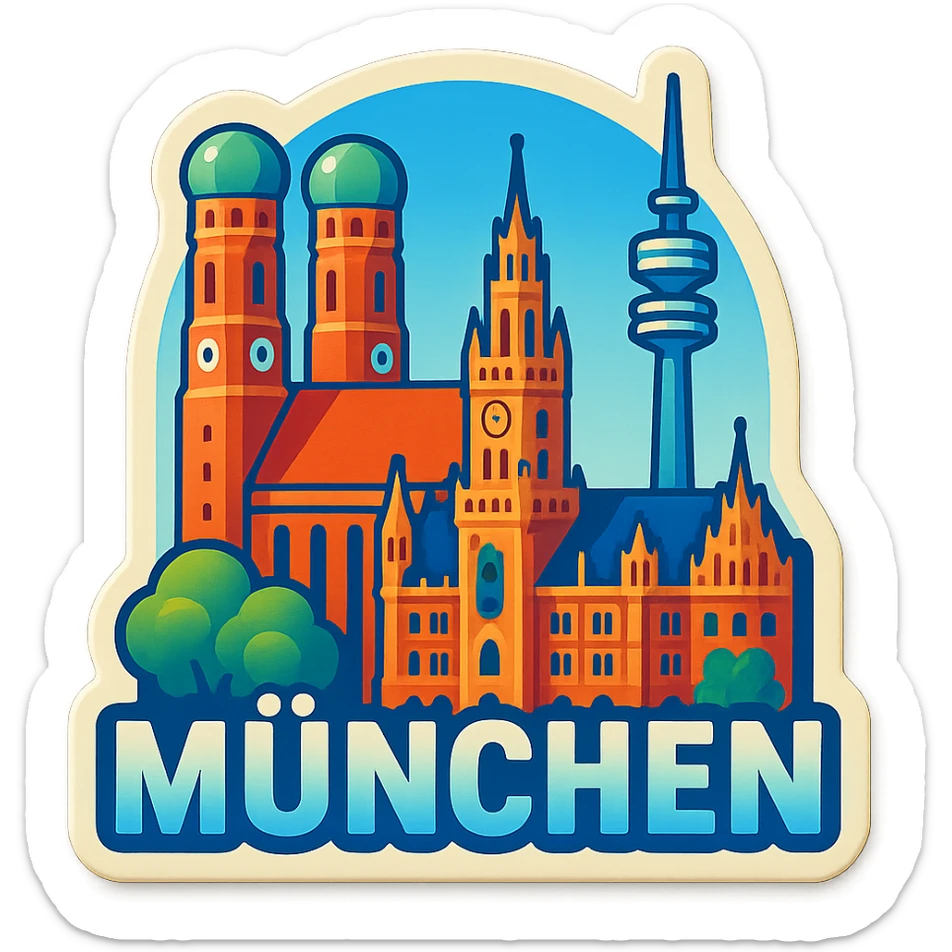 Adjust the coloring of the Munich emoji to be brighter, more true to life, and more daytime-like, removing the orange sunset tint. Keep the skyline, landmarks, lifelike detail, accurate colors, bright lighting, wide city view, and fully transparent background. Do not change anything else. sticker