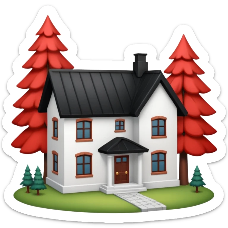 Dom z czarnym dachem i biała elewacja ze wstawkami z czerwonej cegły.Na drugim planie las. sticker