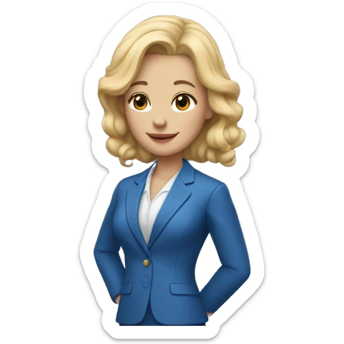 a woman with blonde hair and flesh-colored skin in a blue suit saying goodbye with her hand sticker