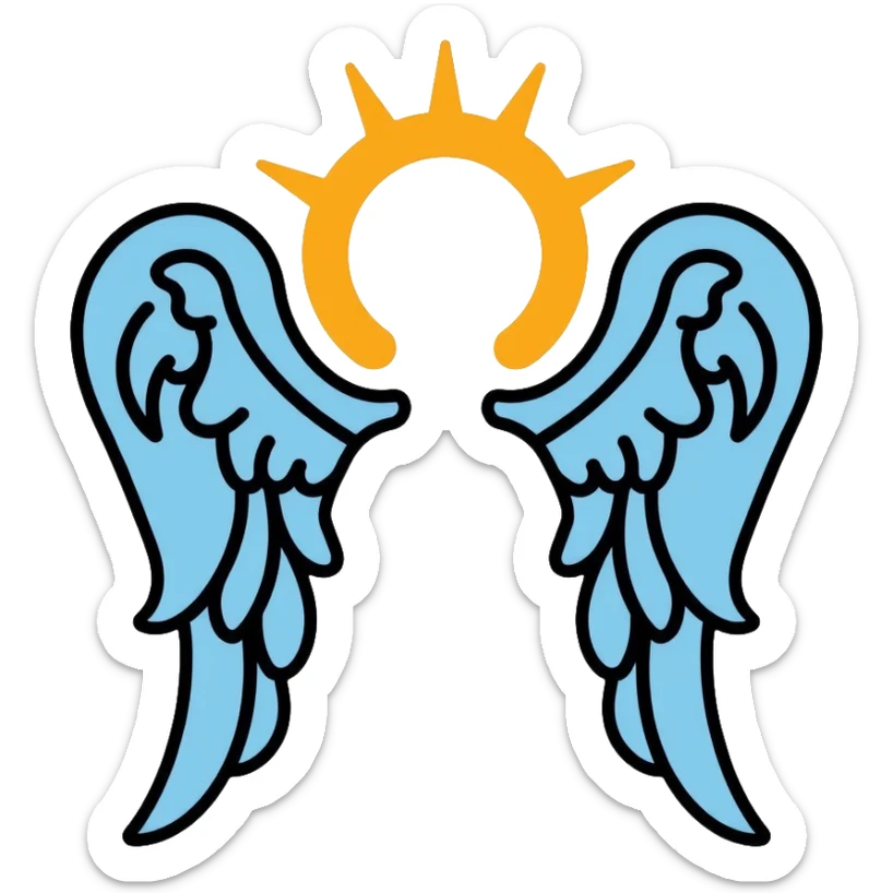 saint emblem with light blue wings and shining golden halo, divine, holy sticker