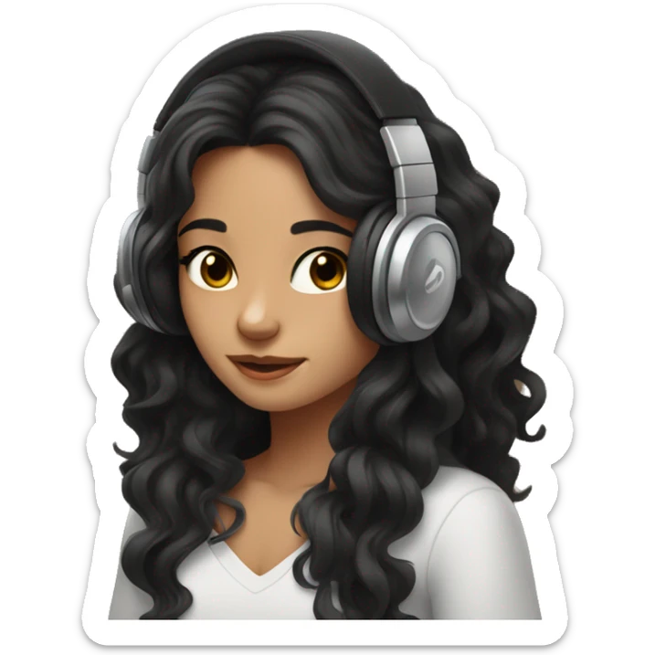 Girl with brown eyes and long black wavy hair listening music with marshall headphones sticker