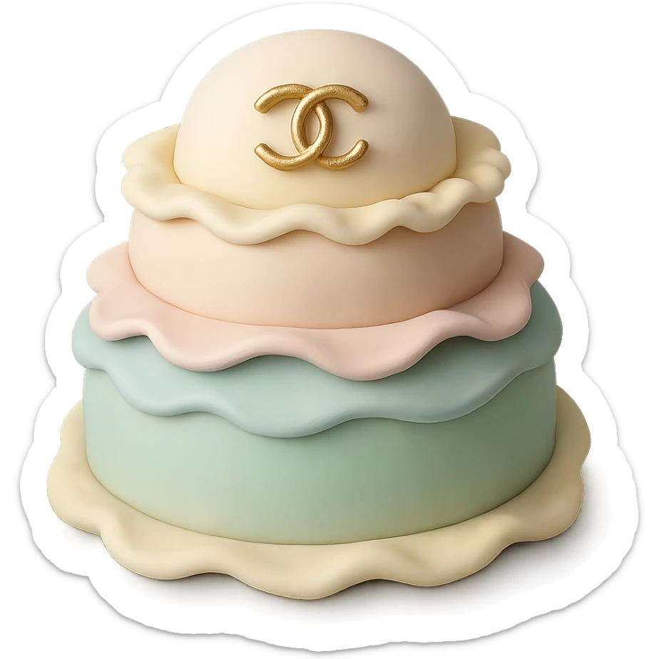 pastel Chanel opera cake with a gold logo accent, fondant cake art style sticker