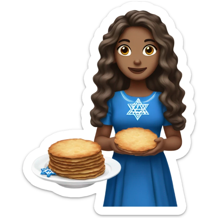 White girl in a dress for Hanukkah with long balayage dark brown hair holding latkes sticker