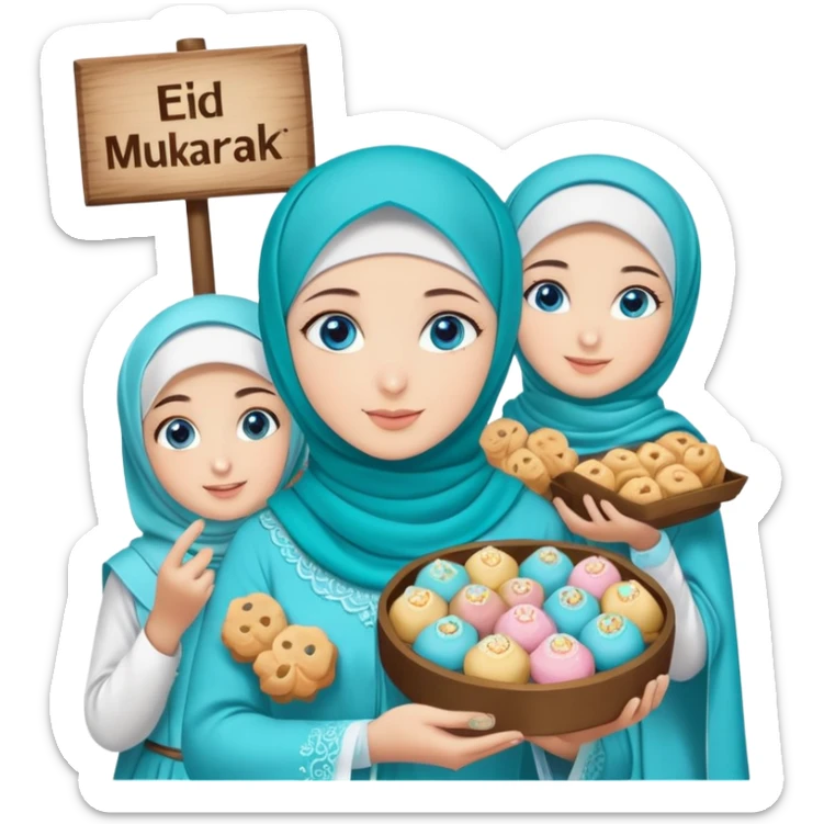 Turkish beautiful finish Konya girl blue eyes with turkis hijab islamic dress and had on her hand text Eid Mubarak with sweets and celebrating with her friends eid days   sticker