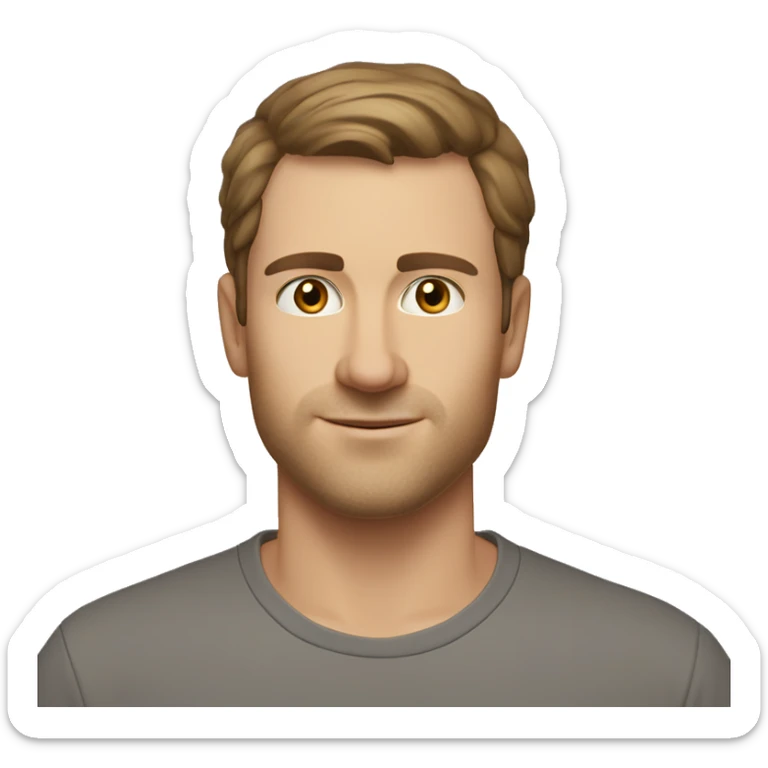 A head and shoulders shot of a 32 year old Caucasian man, with short brown hair, with none facial hair,   with brown eyes wearing a t-shirt. sticker