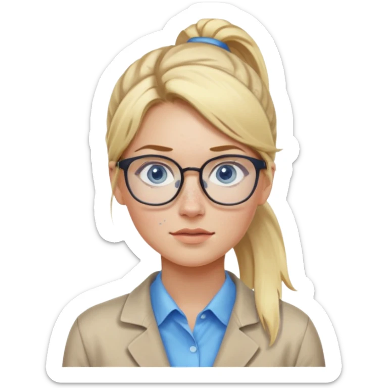 Just a head, blonde hair with lowlights in a ponytail, blue eyes, some freckles, a little older female ready to get some tasks done at work, no body and just one pony high on the back of the head sticker