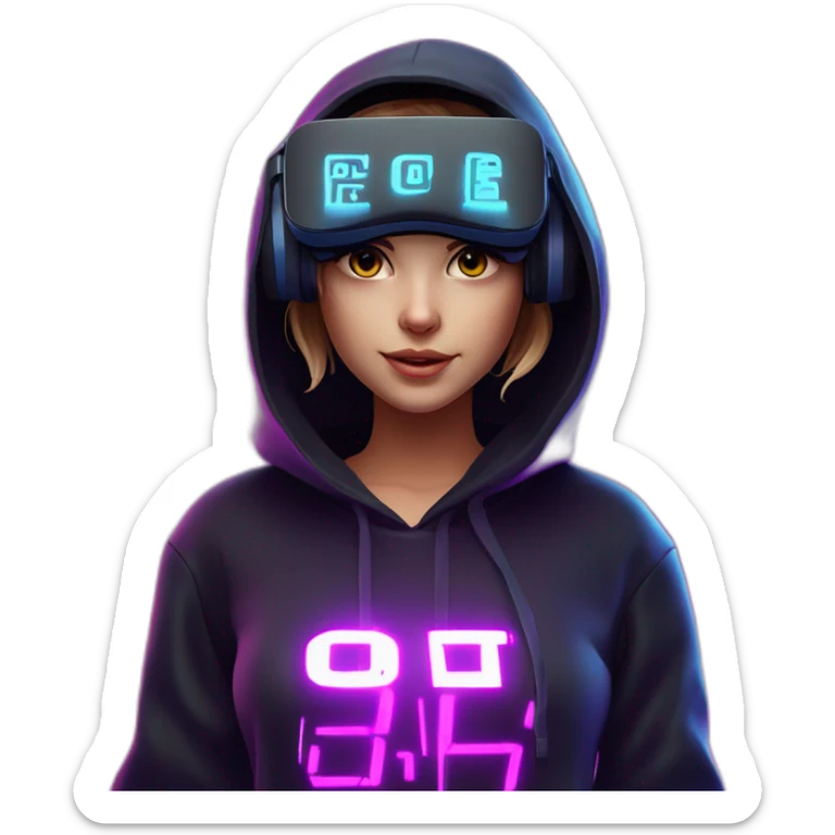 Create a 3D model of a Russian girl wearing a black hoodie with "OMG" letters on it and VR headset in a cyberpunk VR environment with violet neon lighting. sticker