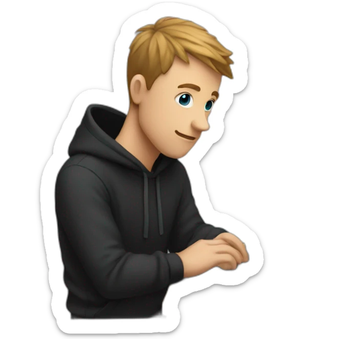 a white man wearing a black hoodie looking at a laptop screen with a blue heart on it sticker