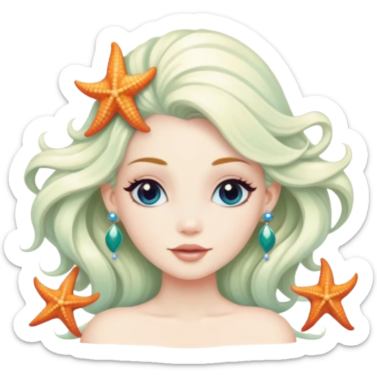 mermaid with seashells in hair, starfish earrings, ocean hair sticker