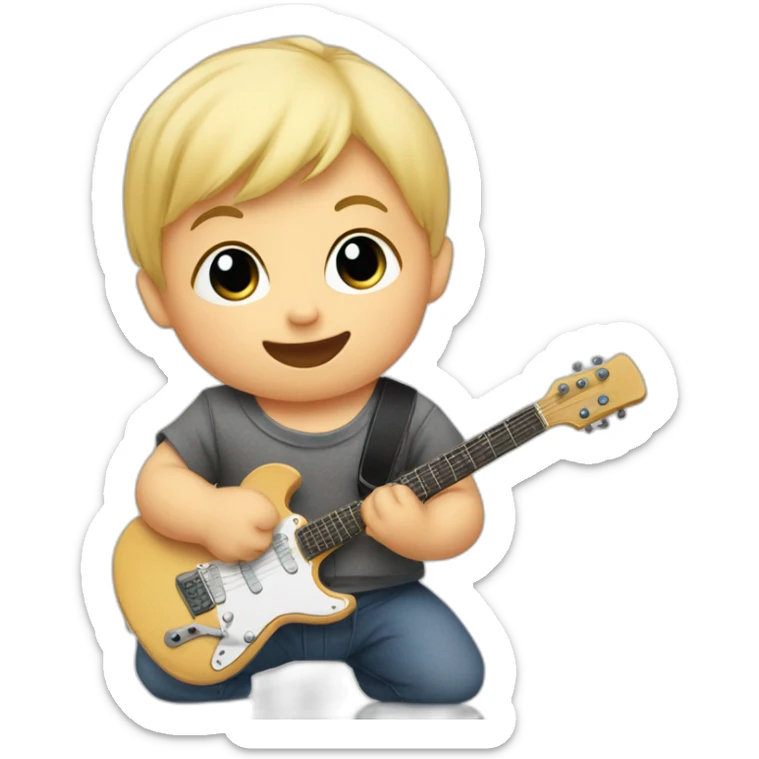 a 1-year-old baby, blond and with little hair, in diapers, playing a mini guitar sticker