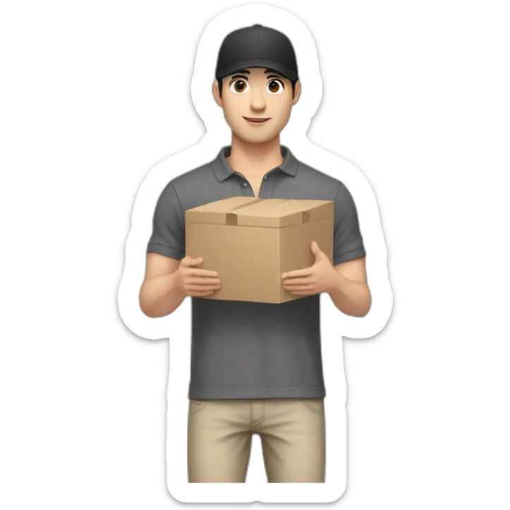 Pale skinned fit Man with black hair in a dark gray cap, gray jeans and beige polo T-shirt keeping a pasted box into his hands sticker