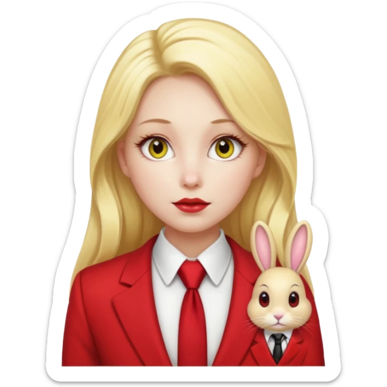 Woman with porcelain white skin, thick blonde hair that's in a thick, long ponytail, has the nose of a bunny, yellow scleras, red pupils, and a red suit with a black tie. sticker