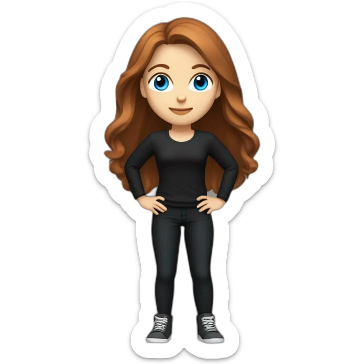 female, long chestnut hair, blue eyes, 5' 2" tall, weighs 130 pounds, wearing all black clothes sticker