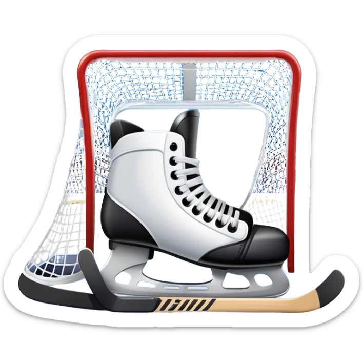An icon showing a close-up of a hockey stick, puck, skates, and hockey net placed on the ice. The background features a packed stadium with bright lights, cheering fans, and snowy scenery outside. Transparent background highlights the key elements of the game. sticker