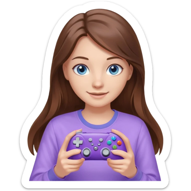 beautiful girl with long brown hair, blue eyes and wearing light purple clothes playing computer games sticker