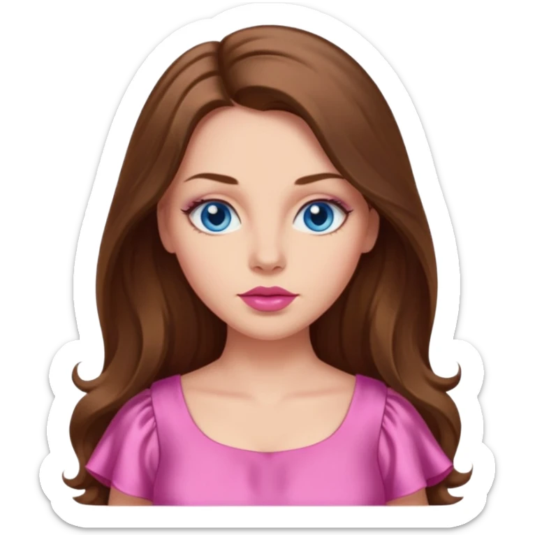 A woman has beige skin, long brown hair, blue eyes, plumb lips, she wears pink dress  sticker