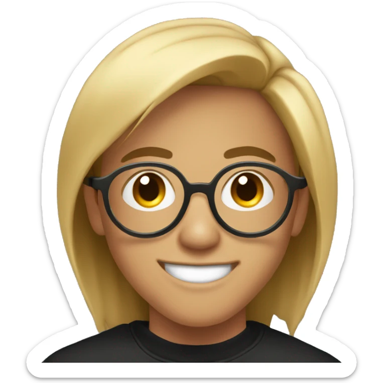 20-year-old boy with black sweatshirt, circular glasses, smiling and straight hair sticker