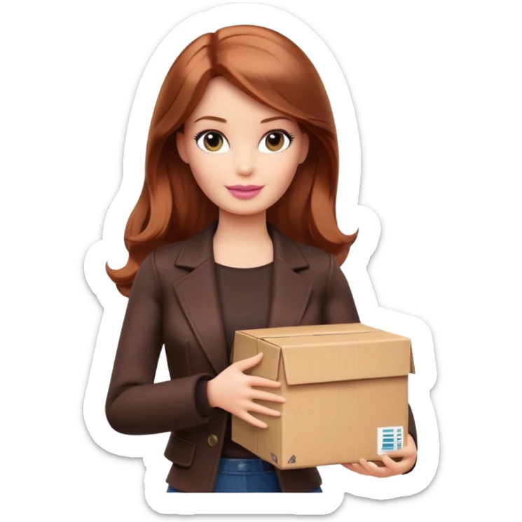 Barbie, shoulder-length reddish-brown hair, holds a package box, Barbie is wearing dark brown colored clothes sticker