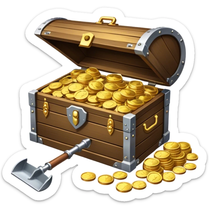 An icon featuring a treasure chest partially open, revealing gold coins and jewels. A metal detector and a shovel are nearby, symbolizing the excitement of treasure hunting. The design evokes adventure, exploration, and the thrill of discovering hidden treasures. transparent background. sticker