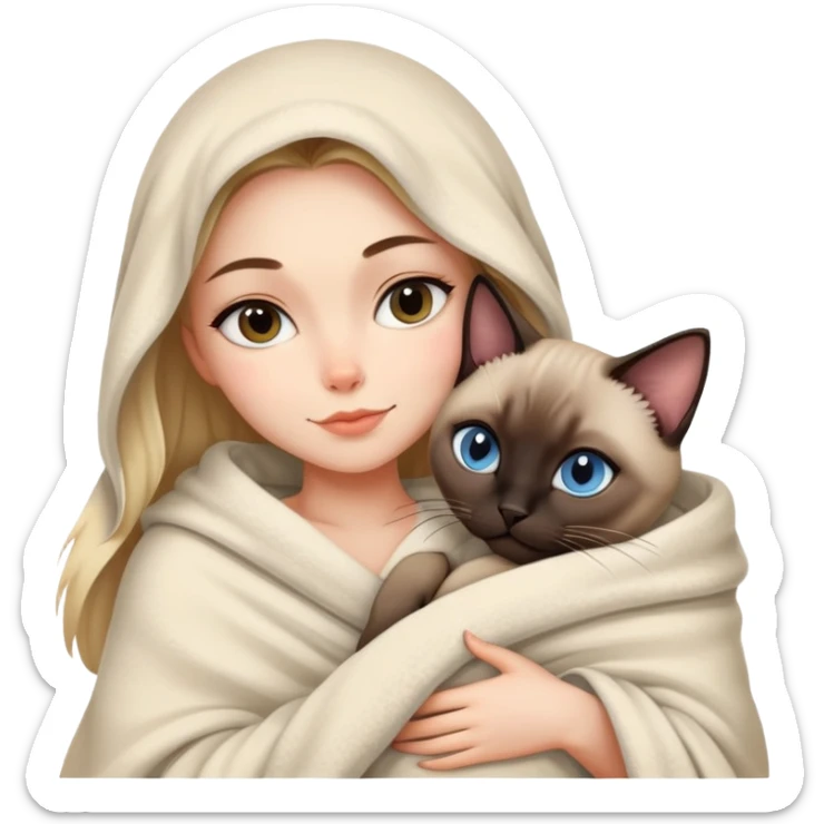 A beautiful and sexy Caucasian girl wrapped in a blanket hugging a Siamese cat sticker
