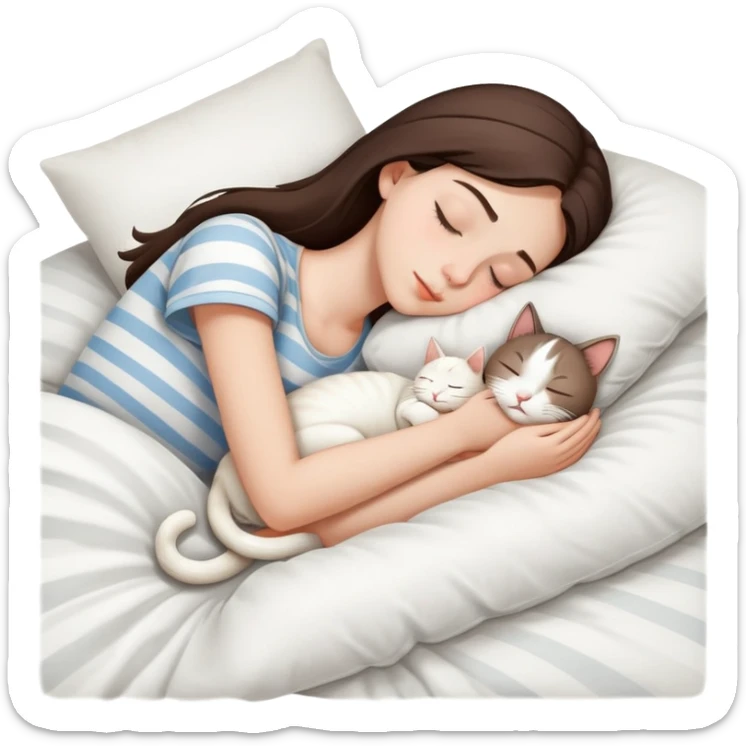 side view brunette teenage girl sleeping with white cat that has beige stripes on a white pillow with white sheets sticker