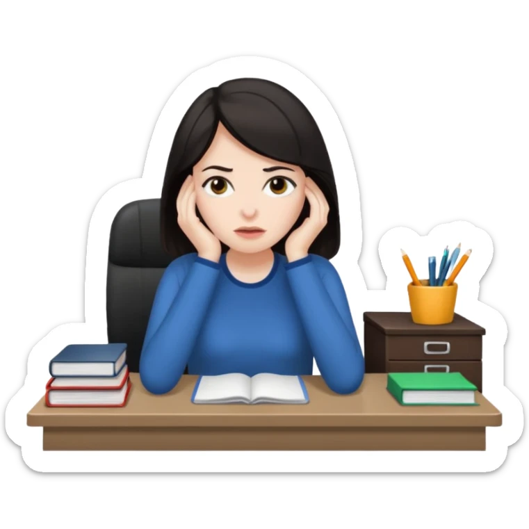  iOS emoji style - An overwhelmed woman sitting at a desk. She has dark hair. sticker