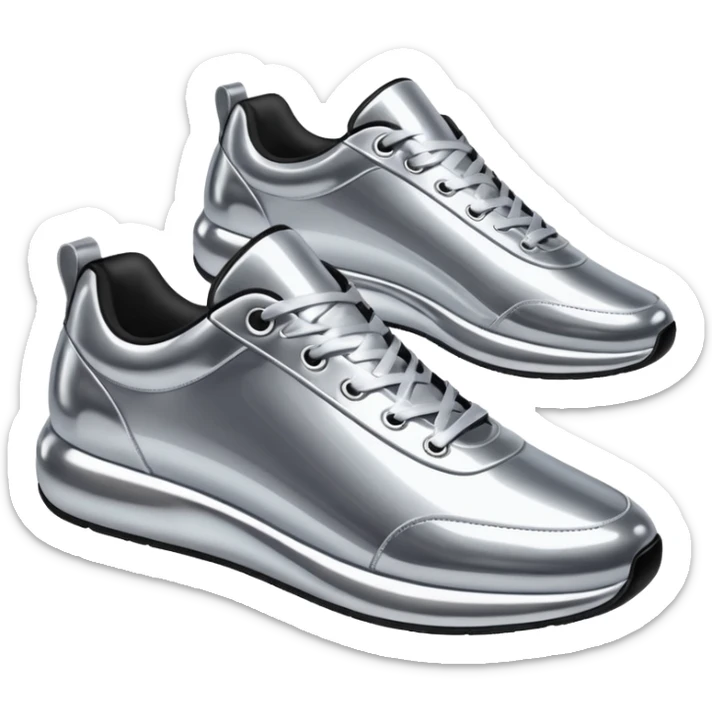 A pair of futuristic sneakers emoji made of silver chrome, sleek streetwear design, smooth metallic panels, subtle reflections, luxury swag aesthetic, iOS emoji style, centered, clean white background sticker