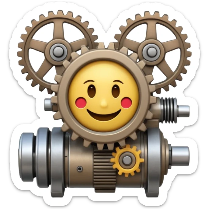 Industrial mechanical motor with a smiley face, emoji for the new electric music genre Motor breaks must be friendly and sellable must be small but clear child friendly, ready to use as a logo, motor synth make sure it's not Cold the Face must look like it's part of the machine sticker