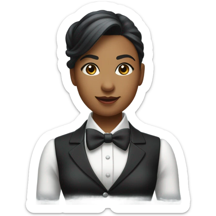 a female butler with a professional and elegant demeanor. She has her hair neatly tied in a ponytail and wears a classic butler uniform, including a tailored vest, crisp white shirt, and bow tie. sticker