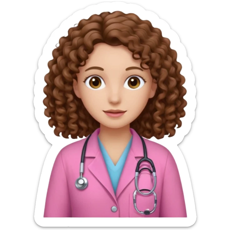 médica, cabelo castanho, pele branca, cabelo cacheado/ondulado, cabelo comprido, roupa rosa sticker