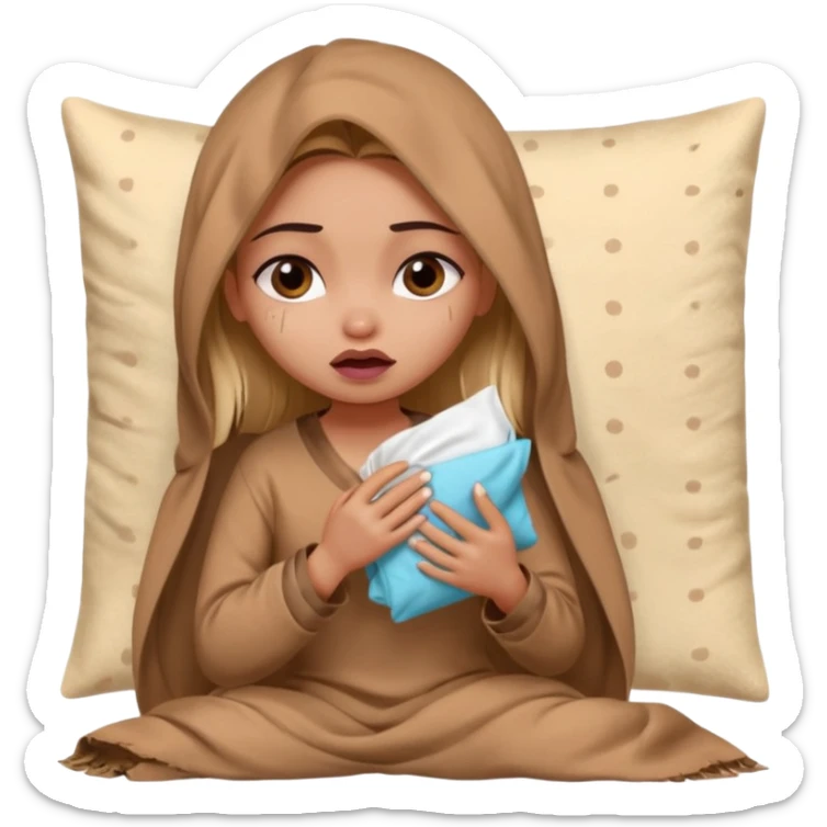 a pretty bratz fair indian girl wearing a brown pajamas and blnaket, dark circles, crying, holding tissues sticker