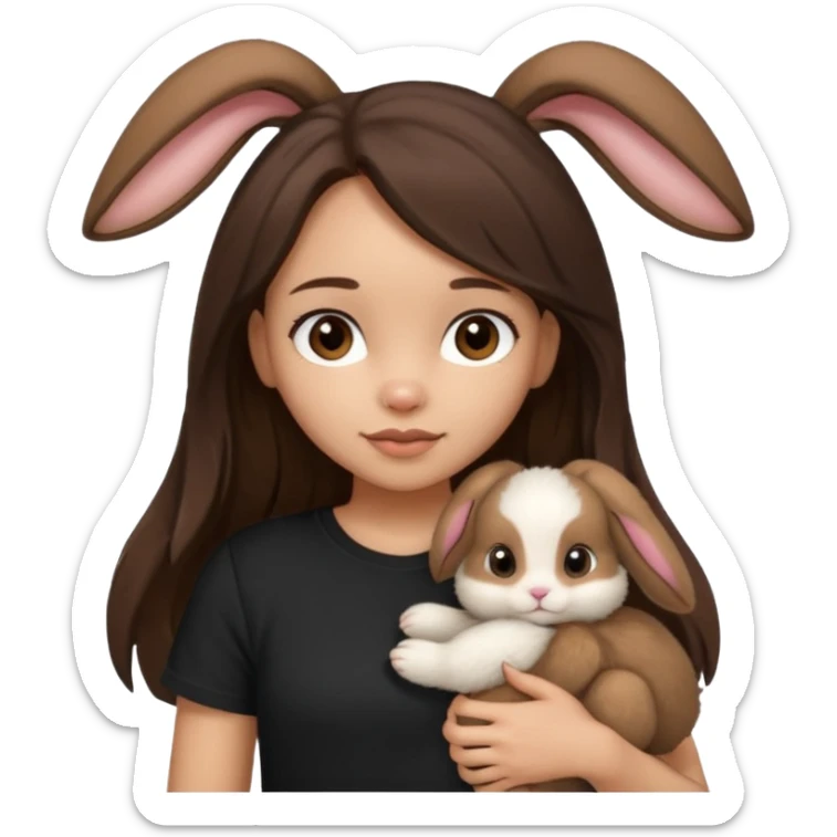 Girl About 15 years old with light skin and brunette Long slightly wavy hair, with dark brown eyes. Shes wearing black t-shirt. In her hand she's holding a brown bunny with ears down sticker