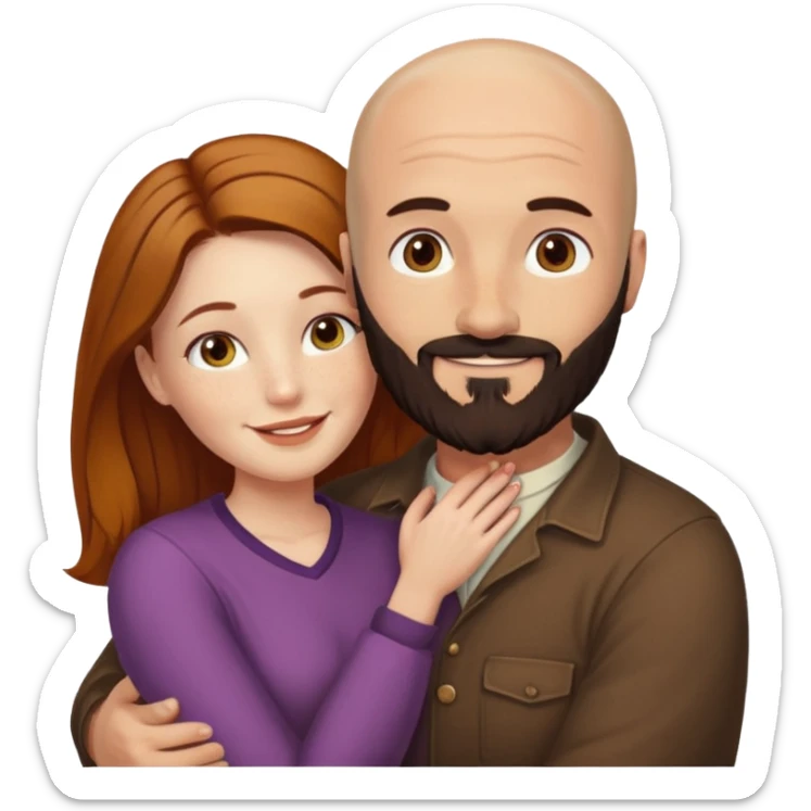 Couple. Bald man with dark brown-black beard. White woman with many small, faded freckles, she has white skin and she has auburn-yellow-brown-cinnamon, dark long hair. She has light brown eyes. The man have hazel eyes. Retro style. They hug. sticker