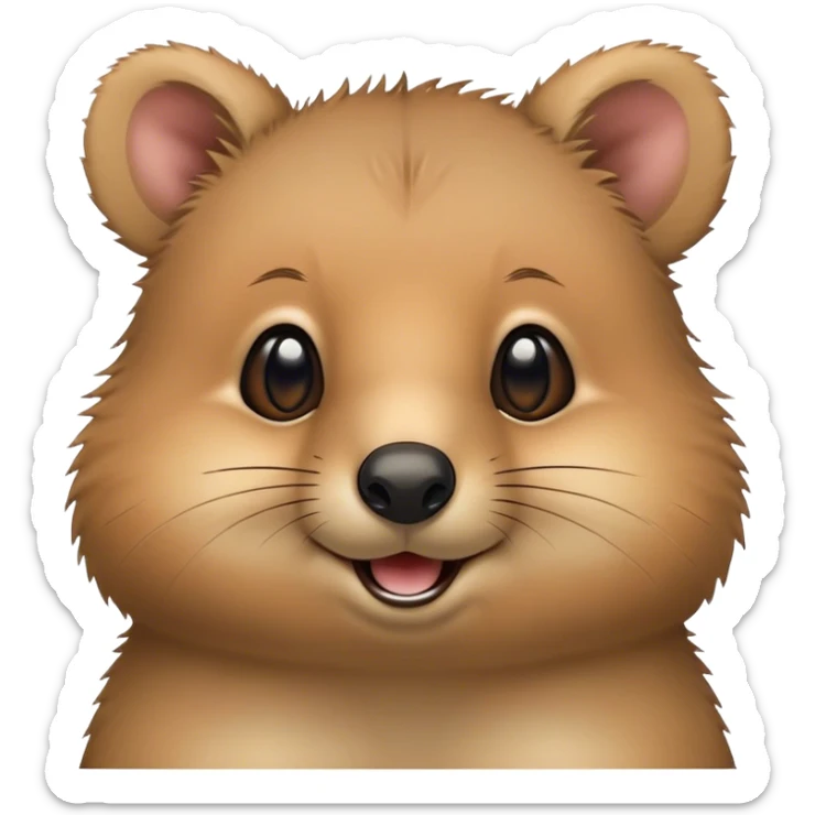 Cinematic Cute Quokka Portrait Emoji, Head tilted playfully and inquisitively, featuring a fluffy, round face with a naturally cheerful grin and bright, sparkling eyes full of playful curiosity, Simplified yet irresistibly adorable features, highly detailed, glowing with a warm, friendly glow, high shine, affectionate and spirited, stylized with a touch of Aussie whimsy, bright and endearing, soft glowing outline, capturing the essence of a mischievous yet loving quokka, so playful it feels like it could scamper out of the screen and into your arms! sticker