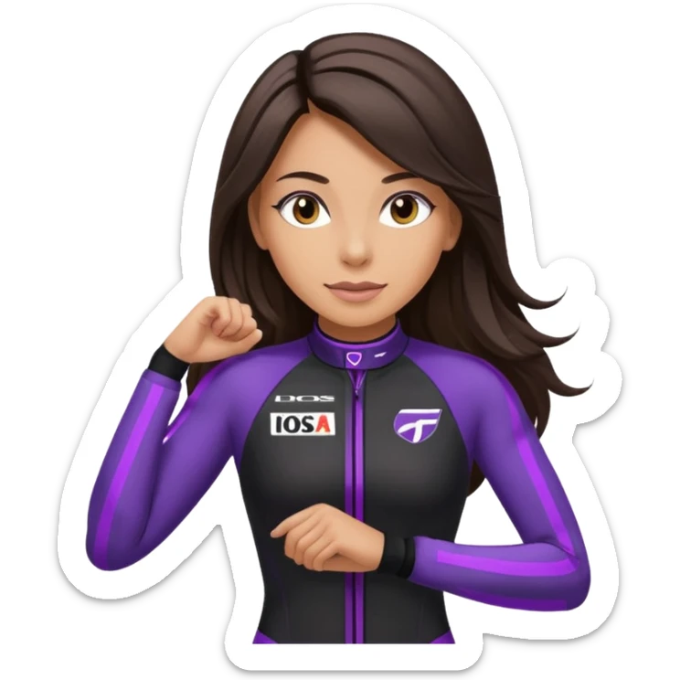 brunette long hair woman with black racing outfit with single purple strips on arms sticker