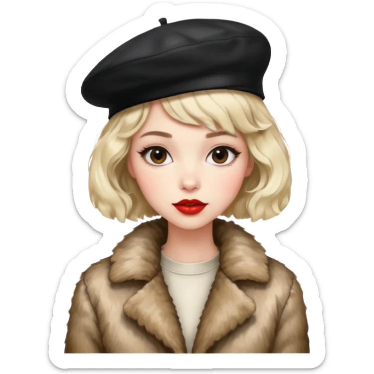 Alluring 1970's beret French girl french shiny black wavy textured bob haircut tousled hair red lips wearing furry jacket sticker