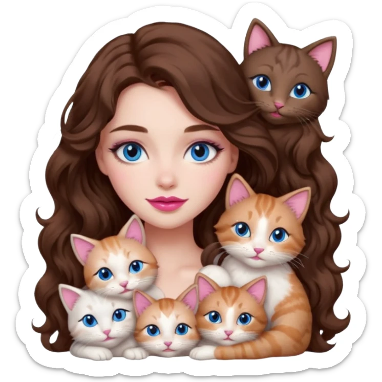 girl with long wavy brown hair, blue eyes, long lashes makeup, sexy pink lips, cuddling with 6 cats sticker