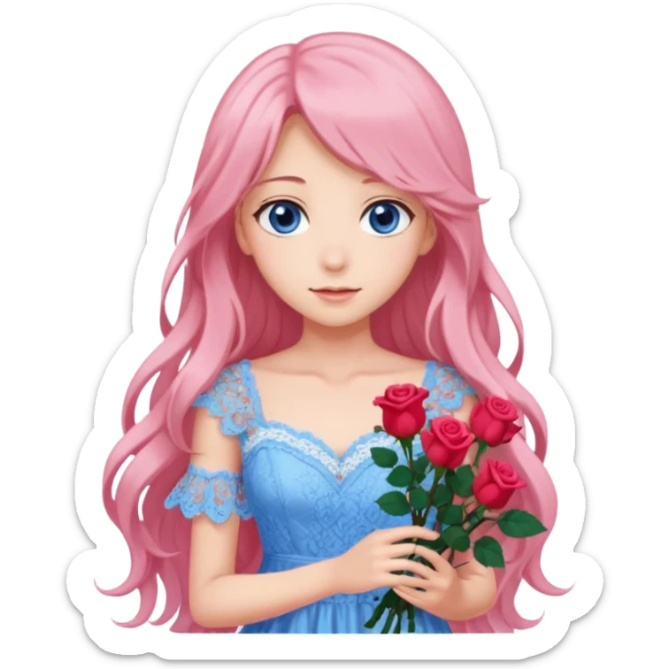 pastel anime woman with pink and white lace dress full body and long hair with roses and blue eyes sticker