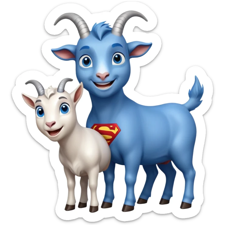 Blue goat whole body pretty smiling excited blue eyes female blue eyes next to superman sticker
