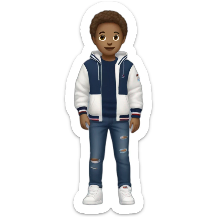 A child that is white with brown hair with a dark blue tommy hilfiger sweater with a dark blue jean and adidas shoes sticker