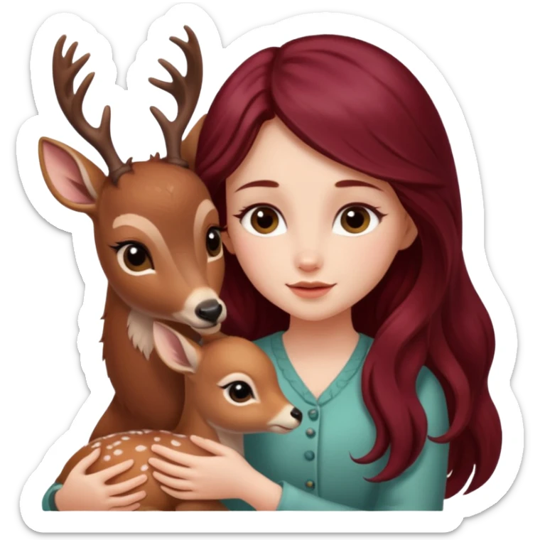 Beautiful burgundy long haired girl petting baby deer sticker