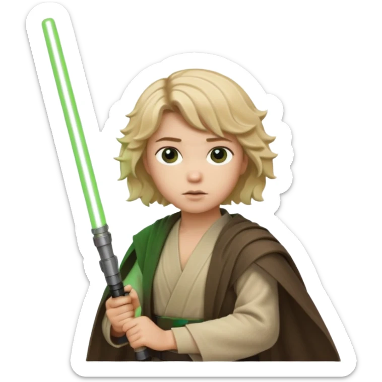 Young jedi with sandy blonde wavy short hair holding a green lightsaber sticker