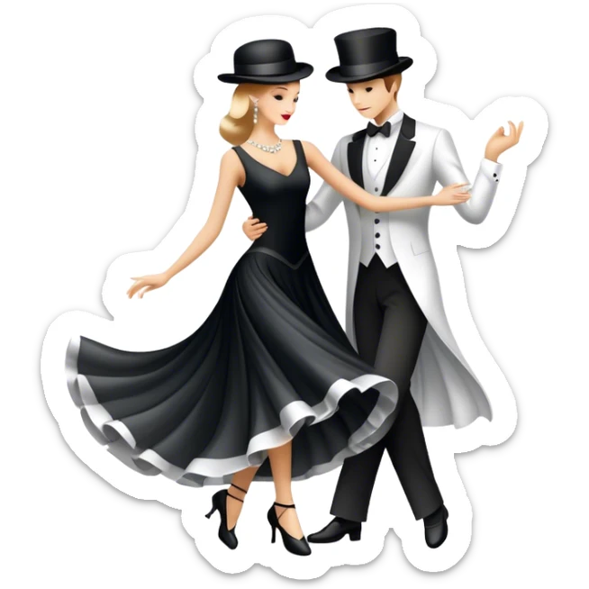 Humanless Icon for Ballroom Dancing: a pair of elegant dance shoes, a flowing dress, a top hat, and a dance floor spotlight. The icon should represent the elegance and atmosphere of ballroom dance, focusing on the iconic dance elements. Transparent background. sticker