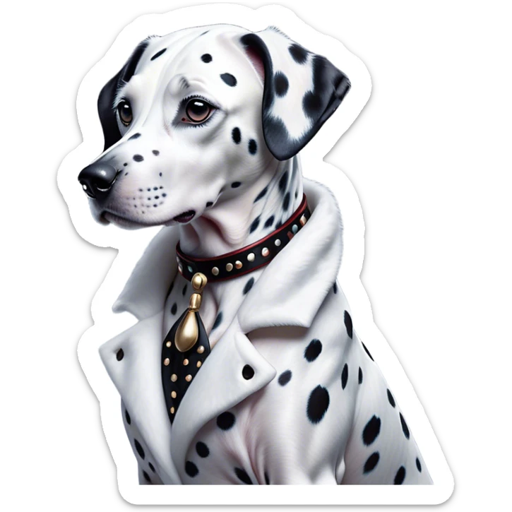 Cinematic Noble Dalmatian Portrait Emoji, Poised and regal, with a lean, athletic build and a glossy white coat adorned with distinctive black spots, deep-set soulful dark eyes, Simplified yet sharp and sophisticated features, highly detailed, glowing with a soft, dignified glow, high shine, intelligent and alert, stylized with an air of elegance, focused and attentive, soft glowing outline, capturing the essence of a watchful and confident companion, so majestic it feels as though it could dash out of the screen with effortless authority! sticker