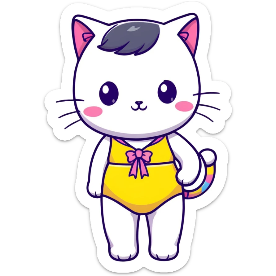 Cute short cat girl with bow, big head and small body in a colorful swimsuit, kawaii style sticker