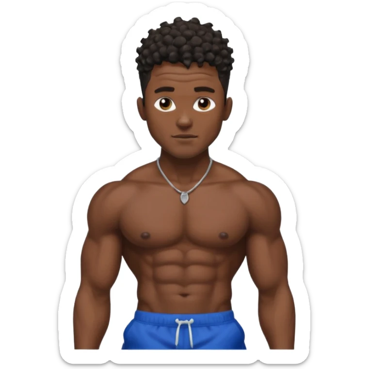 Ripped, athletic man with thick neck, high top fade with no part, curly hair only top only, no shirt and show waistline up, black shorts and more man face sticker