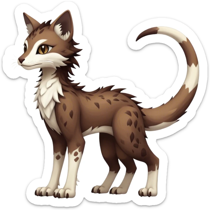 Kawaii dark edgy brown beige white fantasy ethereal feline-vernid-sergal-fursona animal creature with a tufted tail full body with intricate markings  sticker